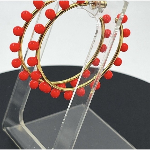 J. Crew Neon Orange Beaded Gold Tone Hoop Earrings - Picture 3 of 13